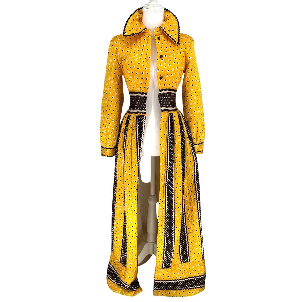 VTG 70s Mr Jack Jr Yellow Heart Polka Dot Duster Coat Jacket Lace XS Disco
